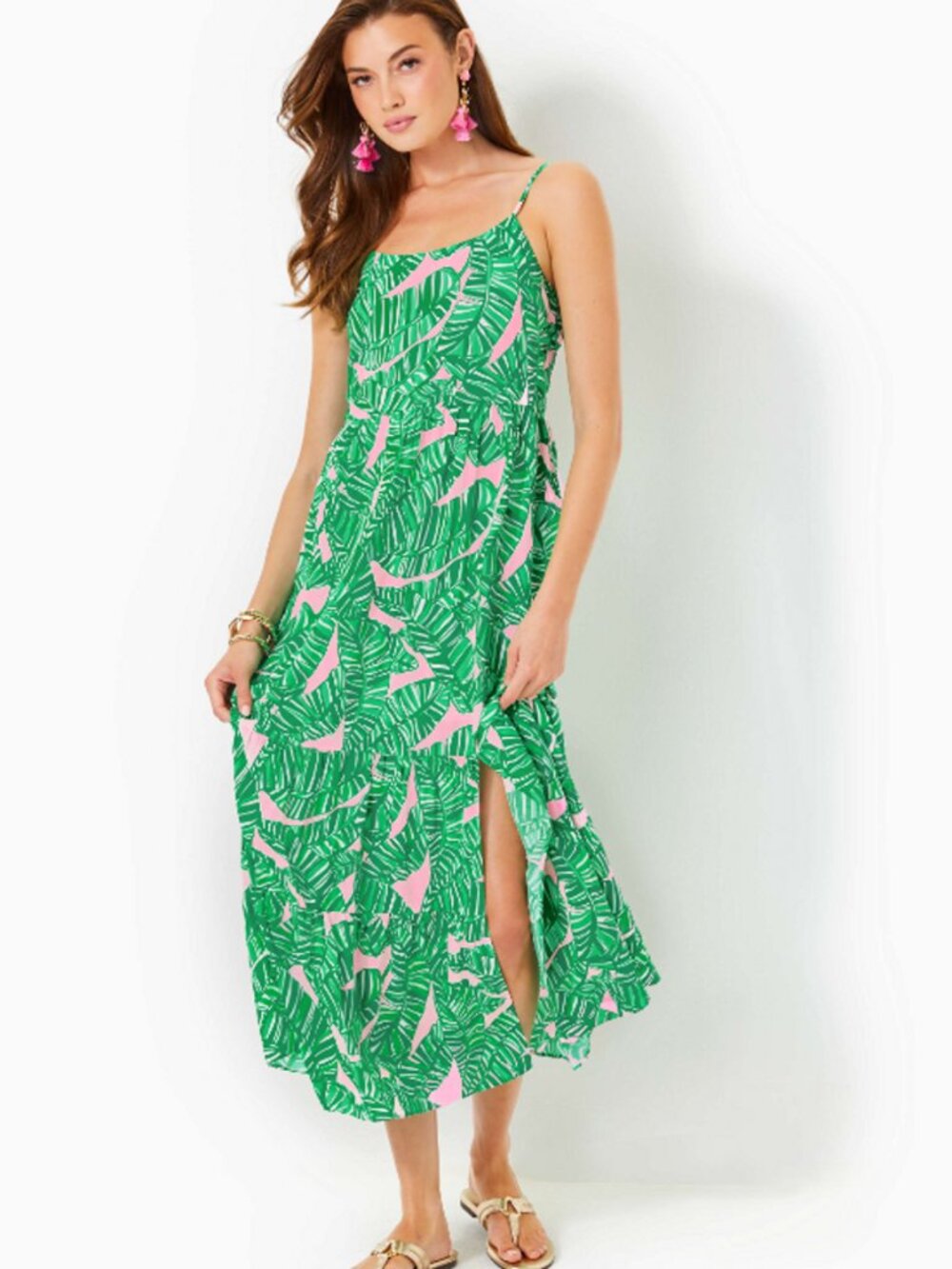 NEW NWT Lilly Pulitzer Teresa Printed Maxi Dress sz L Palm Leaf Pink Green Large